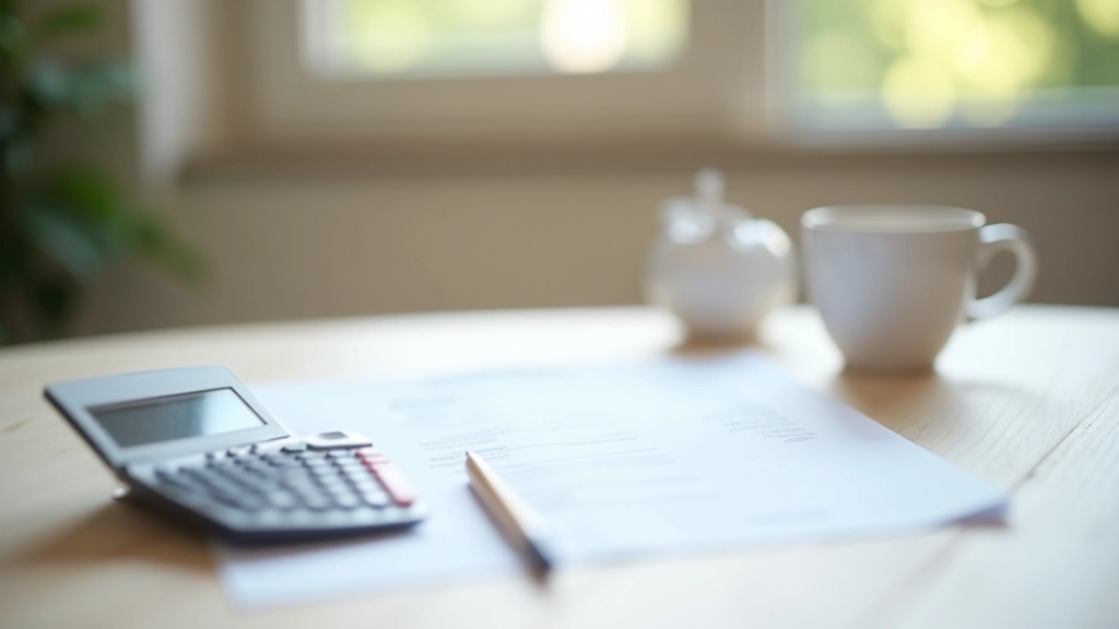Calculatrice et relevé bancaire sur un bureau avec une tasse de café