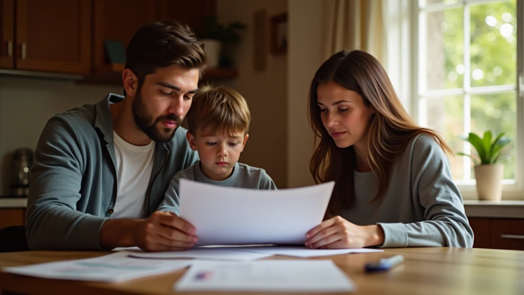Famille regardant des documents financiers avec satisfaction