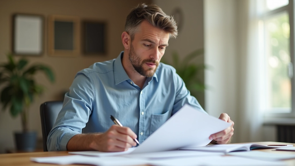 Personne relisant ses relevés bancaires avec un sourire, tenant un stylo sur des papiers
