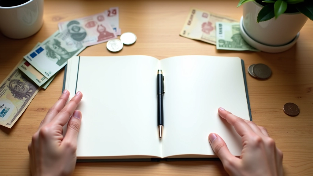 Carnet ouvert avec stylo et pièces de monnaie sur un bureau en bois