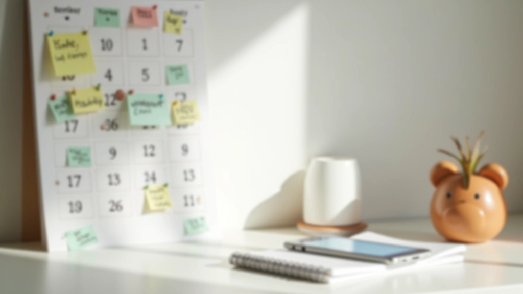 Calendrier mural avec des cases cochées et un téléphone affichant des applications bancaires