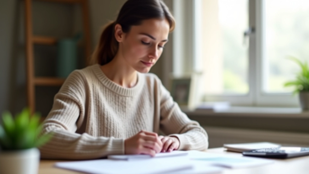 Femme examinant son budget mensuel et ses factures sur un bureau organisé