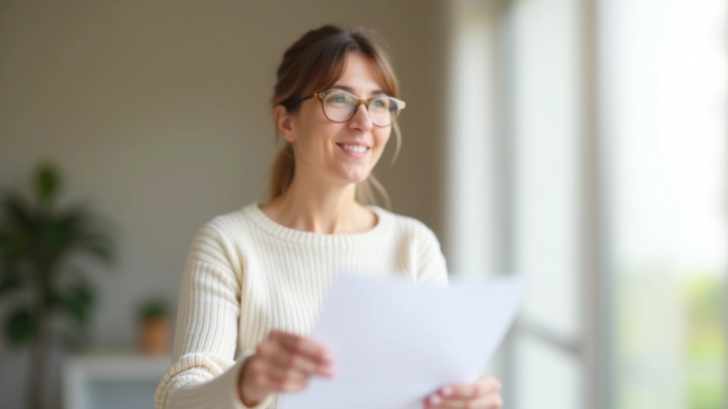 Femme regardant ses relevés bancaires avec confiance dans un bureau lumineux